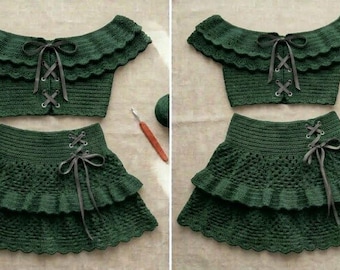 Crochet Co Ord Set Pattern PDF | Lace Up Off Shoulder Crop Top & Mini Skirt | Women Summer Festival Crochet Outfit