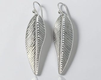 Sterling Silver Leaf Dangle Earrings, Botanical Handmade Bali Jewelry, Vintage Nature Inspired