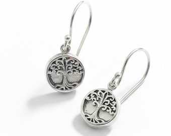 Tree of Life Mother of Pearl Sterling Silver Dangle Earrings, Handmade Bali