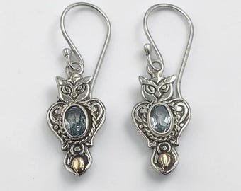 Sterling Silver Owl Dangle Earrings with blue Topaz, Handmade Bali