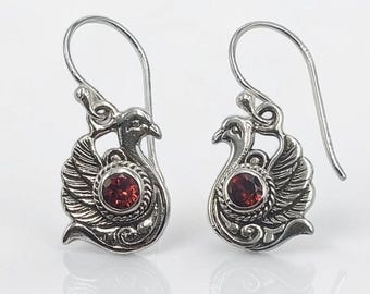Swan Dangle Earrings, Sterling Silver Red Garnet, Handmade Bali