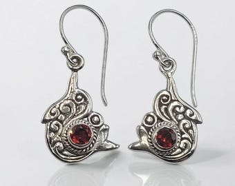Dolphin Dangle Earrings, Sterling Silver Red Garnet, Bali Handmade