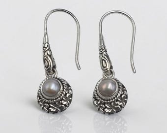 Freshwater Pearl Dangle Earrings, Sterling Silver Floral Earrings, Handmade Bali Jewelry