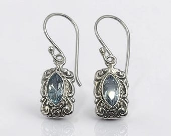 Sterling Silver Blue Topaz Dangle Earrings, Drop Earrings, Handmade Bali