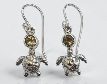 Sterling Silver Sea Turtle Dangle Earrings, Citrine, 18k Gold, Bali Handmade