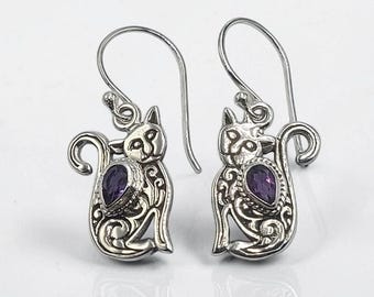 Sterling Silver Cat Dangle Earrings with Amethyst, Handmade Bali