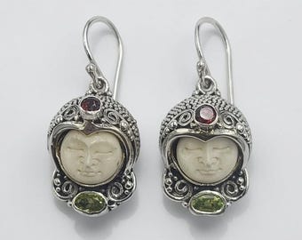 Sterling Silver Balinese Goddess Face Earrings, Garnet Peridot, Handmade Bali
