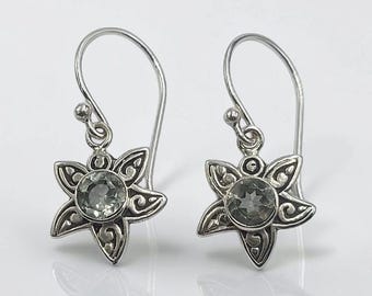 Sterling Silver Starfish Earrings with Green Amethyst, Dangle Drop, Handmade Bali