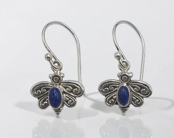 Sterling Silver Lapis Lazuli Bee Earrings, Dangle Drop, Handmade Bali