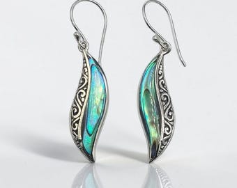 Abalone Shell Dangle Earrings Sterling Silver, Ocean Inspired Handmade Bali Artisan, Coastal Drop Jewelry