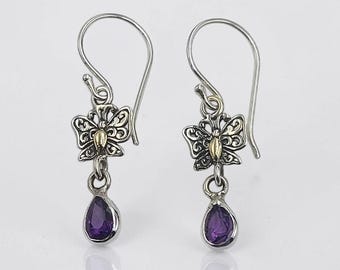 Amethyst Butterfly Dangle Earrings, Sterling Silver 18k Gold, Handmade Bali Jewelry