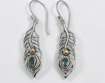 Peacock Feather Dangle Earrings, Sterling Silver Green Quartz, Bali Handmade