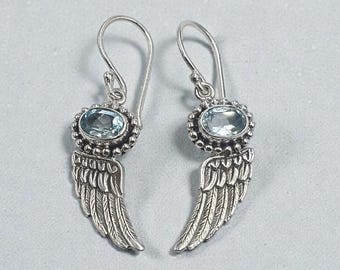 Blue Topaz Angel Wing Earrings in Sterling Silver, Handmade Bali Jewelry