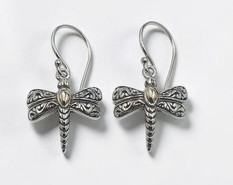 Sterling Silver Dragonfly Dangle Earrings, 18k Gold Accent, Bali Handmade Jewelry
