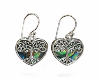 Abalone Tree of Life Heart Silver Hook Earrings