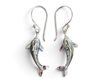 Abalone Dolphin Silver Hook Earrings