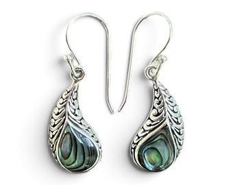 Peacock Feather Abalone Shell Silver Hook Earrings