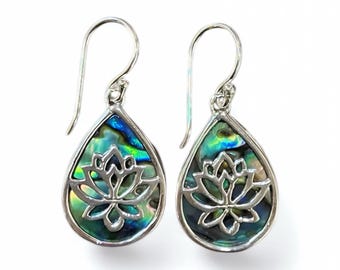 Abalone Lotus Teardrop Silver Hook Earrings