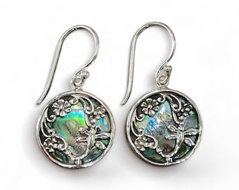 Abalone Dragonfly Round Silver Hook Earrings
