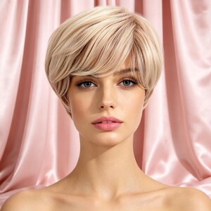 Etiquetas personalizadas, Peluca de pelo corto con flequillo y corte pixie rubio platino