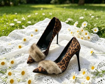 Plantillas personalizadas, tacones de aguja con estampado de leopardo y piel sintética / tacones con punta peluda