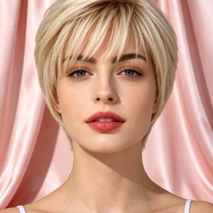 Etiquetas personalizadas, peluca corta estilo pixie rubia platino con flequillo