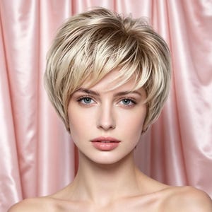 May include: A short, layered blonde wig with darker roots. The wig has a side-swept bang and is styled to frame the face. The background is a soft pink fabric.