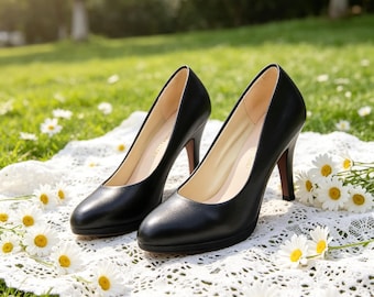Customized insoles,Classic Black Leather Round Toe High Heels for Office & Formal Wear