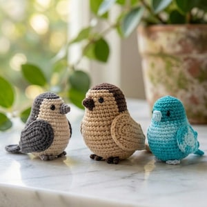 May include: Three handmade crochet birds in a row. The birds are in shades of gray, tan, and blue. The birds are sitting on a white surface. The background includes a window and a potted plant.