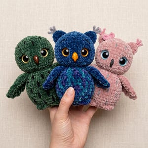 May include: Three handmade crochet owl toys in shades of green, blue, and pink. The owls have large, round eyes, small beaks, and tiny wings. The blue owl is held in a hand.