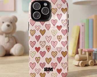Telefoonhoesje met handgetekende harten | Beschermende glanzende omslag