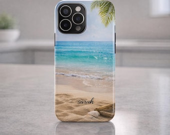 Gepersonaliseerde telefoonhoesje strandgezicht | iPhonehoesje tropische oceaanzandpalm