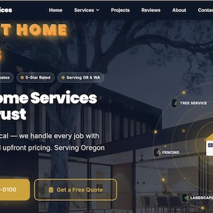 Può includere: Sito web di ProCraft Home Services, con un'illustrazione di una casa e icone dei servizi. Il sito promuove "Reliable Home Services You Can Trust" con un pulsante di invito all'azione e informazioni di contatto.