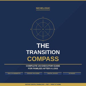 Puede incluir: Una guía digital azul oscuro titulada The Transition Compass, con un gráfico de brújula dorada. El texto incluye NICHELOGIC, COMPLETE US EXECUTOR GUIDE FOR FAMILIES AFTER A LOSS, SSA & VA BENEFITS, ESTATE TAX GUIDE, DIGITAL ESTATE, 23 PAGES e INSTANT DIGITAL DOWNLOAD - PDF - PRINT AT HOME.