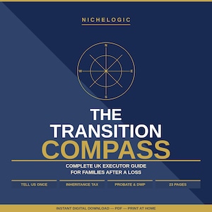 Könnte beinhalten: Ein dunkelblaues digitales Dokumentencover mit dem Titel THE TRANSITION COMPASS, einem goldenen Kompass-Grafiksymbol, dem Text NICHELOGIC sowie Untertiteln wie COMPLETE UK EXECUTOR GUIDE FOR FAMILIES AFTER A LOSS, TELL US ONCE, INHERITANCE TAX, PROBATE & DWP und 23 PAGES.
