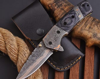 Copper Damascus Folding Knife | Handmade  Pocket Knife | Copper Damascus Hunting Knife | Custom Damascus Knife | Gift for Him, Hallowen Gift