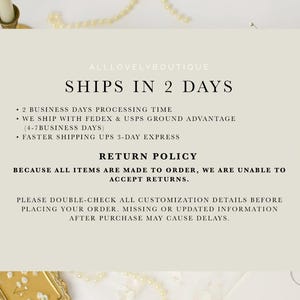 May include: A rectangular beige information card with black text reading ALLLOVELYBOUTIQUE, SHIPS IN 2 DAYS, 2 BUSINESS DAYS PROCESSING TIME, WE SHIP WITH FEDEX & USPS GROUND ADVANTAGE, FASTER SHIPPING UPS 3-DAY EXPRESS, RETURN POLICY, AND MORE.