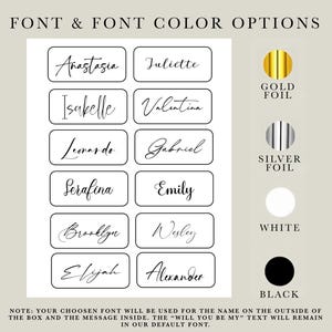 May include: A chart titled FONT & FONT COLOR OPTIONS displaying ten rectangular name labels with various cursive scripts including Anastasia, Juliette, Isabelle, Valentina, Leonardo, Gabriel, Serafina, Emily, Brooklyn, Wesley, Elijah, and Alexander.