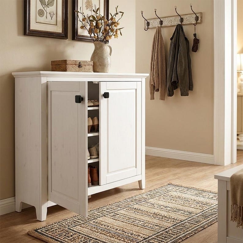 Puede incluir: Un mueble zapatero de madera blanca con dos puertas y pomos cuadrados negros. La puerta izquierda est&aacute; entreabierta, dejando ver estantes interiores con varios pares de zapatos. El mueble tiene una superficie superior rectangular.