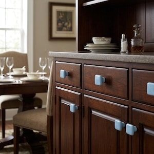 Puede incluir: Un mueble de madera marr&oacute;n oscuro con varios cajones y puertas, cada uno equipado con un pomo cuadrado de cer&aacute;mica azul claro. El mueble tiene una superficie de encimera lisa de color neutro, que contrasta con el acabado de madera oscura.