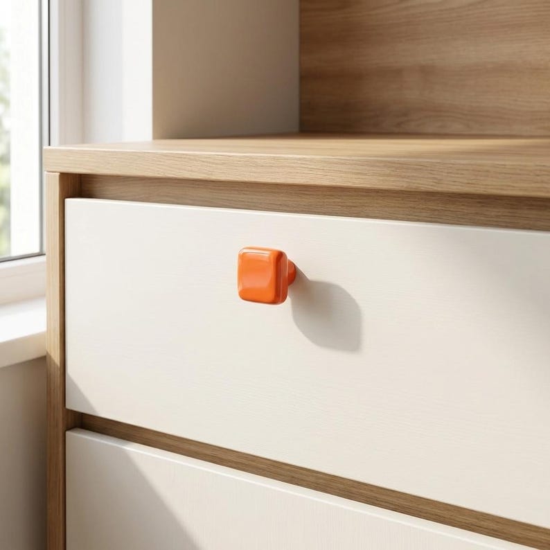 Puede incluir: Un pomo de mueble cuadrado de color naranja brillante con bordes redondeados, montado en un frente de caj&oacute;n de color blanco roto, liso y mate. El pomo presenta un acabado naranja s&oacute;lido y vibrante que contrasta con la superficie neutra.