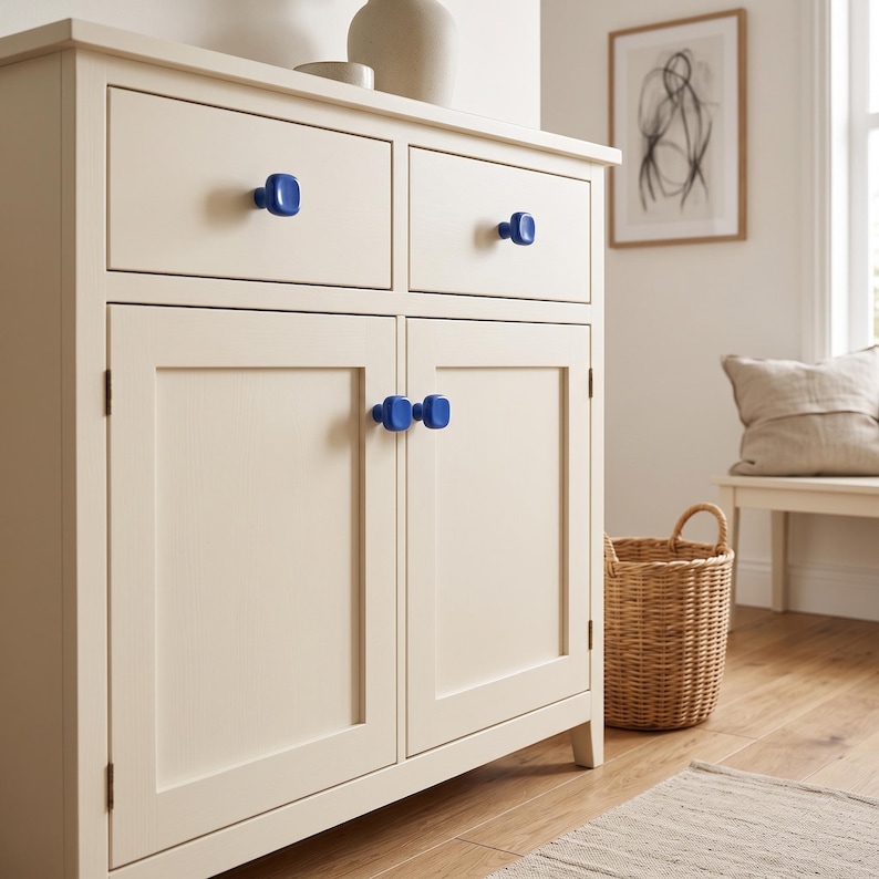 May include: A cream-colored wooden cabinet featuring two top drawers and two lower cabinet doors. The furniture is accented with four square, glossy blue knobs. The cabinet has a clean, flat-panel design with visible hinges on the doors.