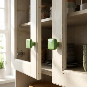 Puede incluir: Dos pomos de armario cuadrados, brillantes y de color verde claro, fijados a las puertas acristaladas de un armario de madera clara. Los pomos presentan un dise&ntilde;o liso con bordes redondeados y est&aacute;n montados en el centro de los marcos.