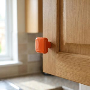 Puede incluir: Un pomo de armario cuadrado con un acabado brillante de color naranja intenso, fijado a una puerta de armario de madera clara. El pomo presenta bordes redondeados y una superficie lisa y reflectante que destaca sobre la veta de la madera.