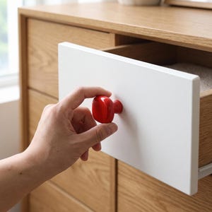 May include: A glossy, bright red, rounded square-shaped cabinet knob attached to a white drawer front. The knob features a smooth, reflective surface and a central mounting point, providing a bold contrast against the plain white panel.