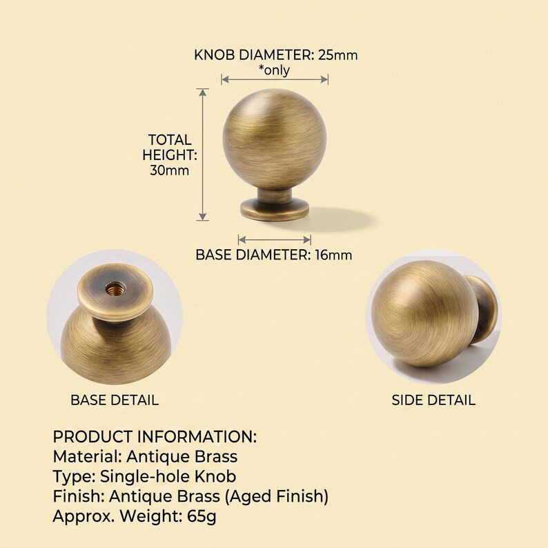 Vintage-Schrankknöpfe, runde Schubladenknöpfe, Kommodenknöpfe, Küchenschrankbeschläge, Schranktürknöpfe, Waschtischknöpfe, Möbelbeschläge Ball Knob 25mm