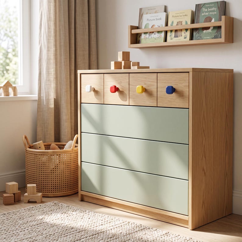 May include: A wooden dresser featuring four small top drawers with white, red, yellow, and blue square knobs, and three large lower drawers with sage green fronts. The dresser has a light oak wood grain finish and a rectangular frame structure.