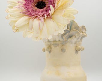 So Renee {Ruffled Rim Ceramic Vase with Teal Glaze Drip Accent—Stands 6.5" Tall}