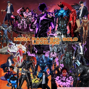 May include: A selection of detailed figurines, featuring characters from "Solo Leveling." The figures display various poses and designs, with a prominent "MEGA PACK STL SOLO LEVELING" text overlay. The colour palette includes shades of black, purple, red, and blue.