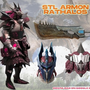 Könnte beinhalten: Detaillierte Abbildung eines Fantasy-Rüstungssets, einer großen Klinge und zwei Helmen. Die Rüstung ist hauptsächlich dunkelrot und silber, mit aufwendigen Details. Die Klinge ist eine große, gezahnte Waffe. Die Helme sind blau und rot, sowie rot und silber. Text: "STL ARMON RATHALOS".